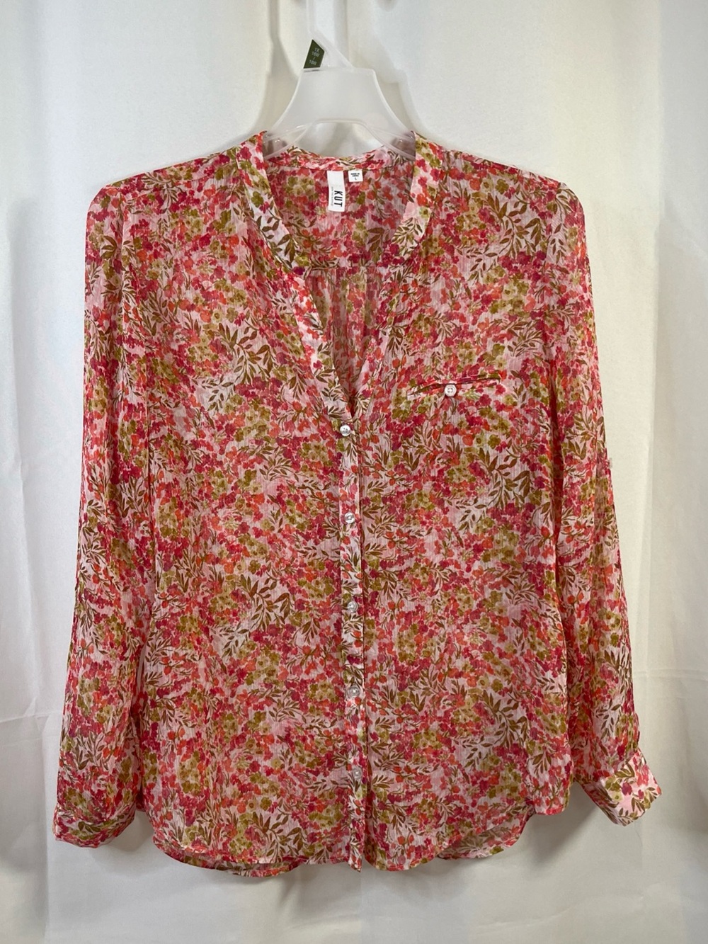 Kut From The Kloth Pink Floral Roll Tab Sleeve Blouse Sheer lightweight roomy L